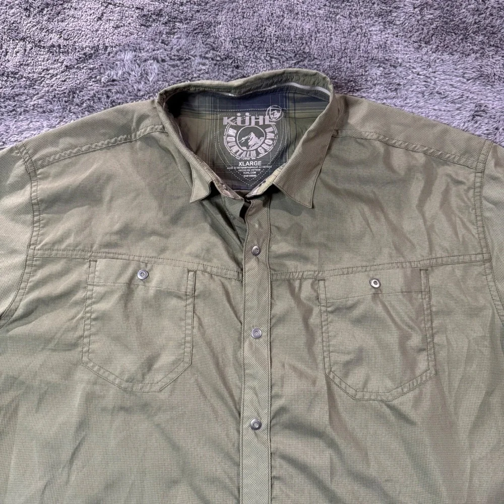 Kuhl Mens XL Olive Green Micro Check Short Sleeve Snap Button Hiking Shirt